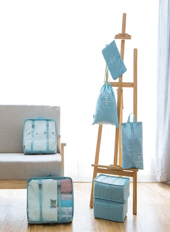LAYZOO Travel Organizer 7 in 1 Travel Laundry Cosmetics Luggage Packing Organizers Set Makeup Bags Organizer Packing Cubes with Shoe Bag for travel, Nylon (Light Blue) - Image 5